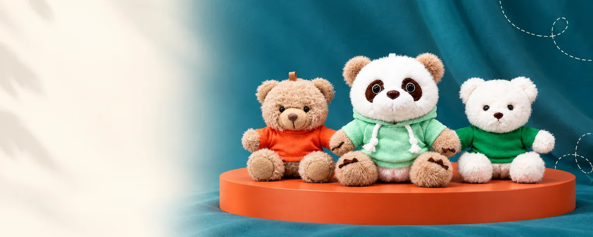 Plush characters on a brand display
